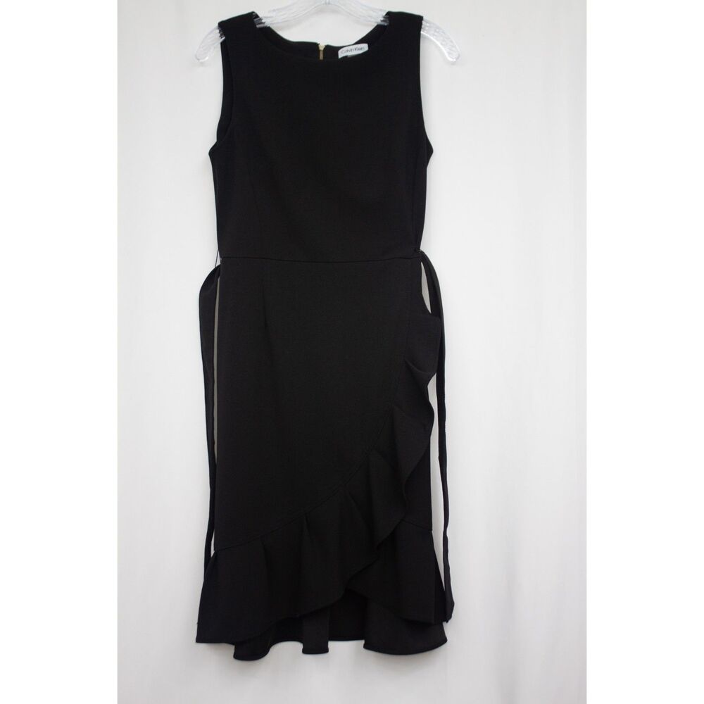Calvin Klein Black Ruffle Sheath Dress Size 8 Belted